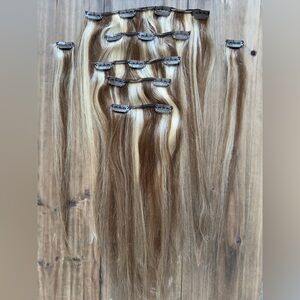 Human Hair Clip-In Extensions, 16”, Balayage Blonde/Brown, Full Set